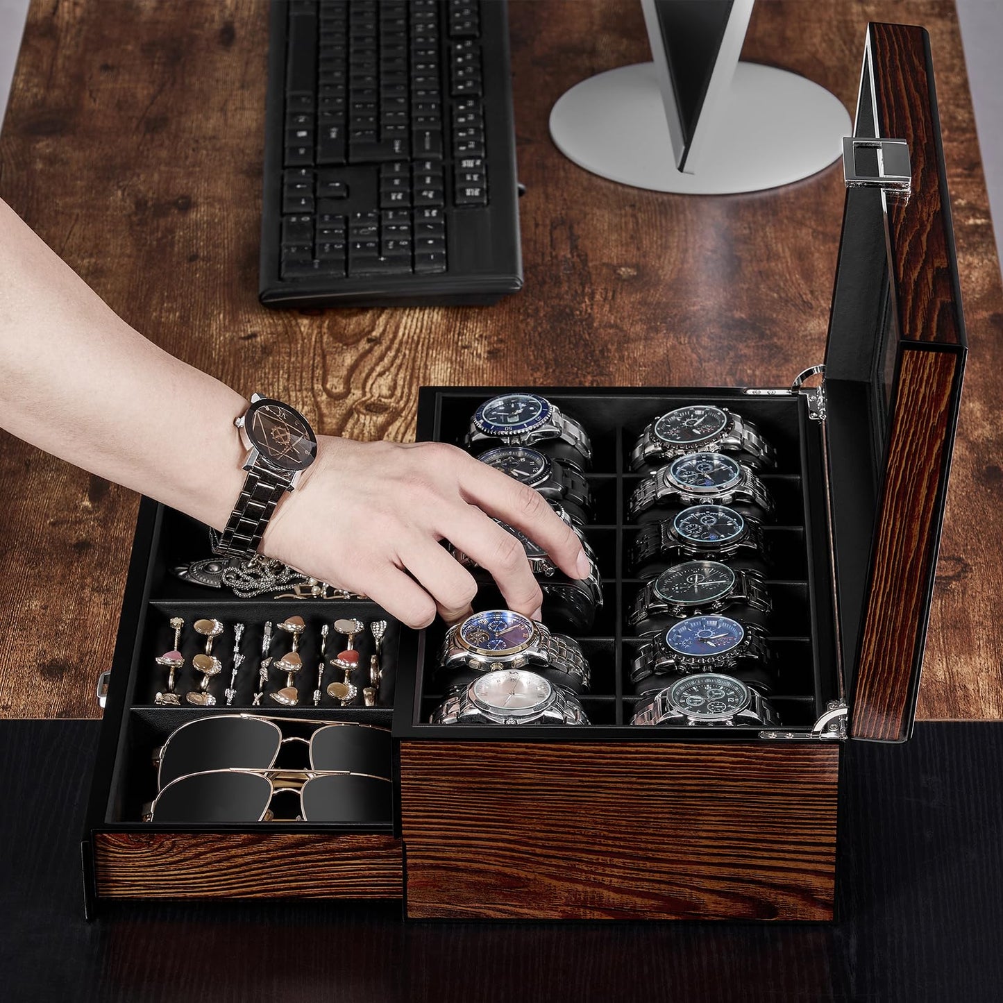 BEWISHOME Watch Box 12-Slot, Watch Case with Large Glass Lid
