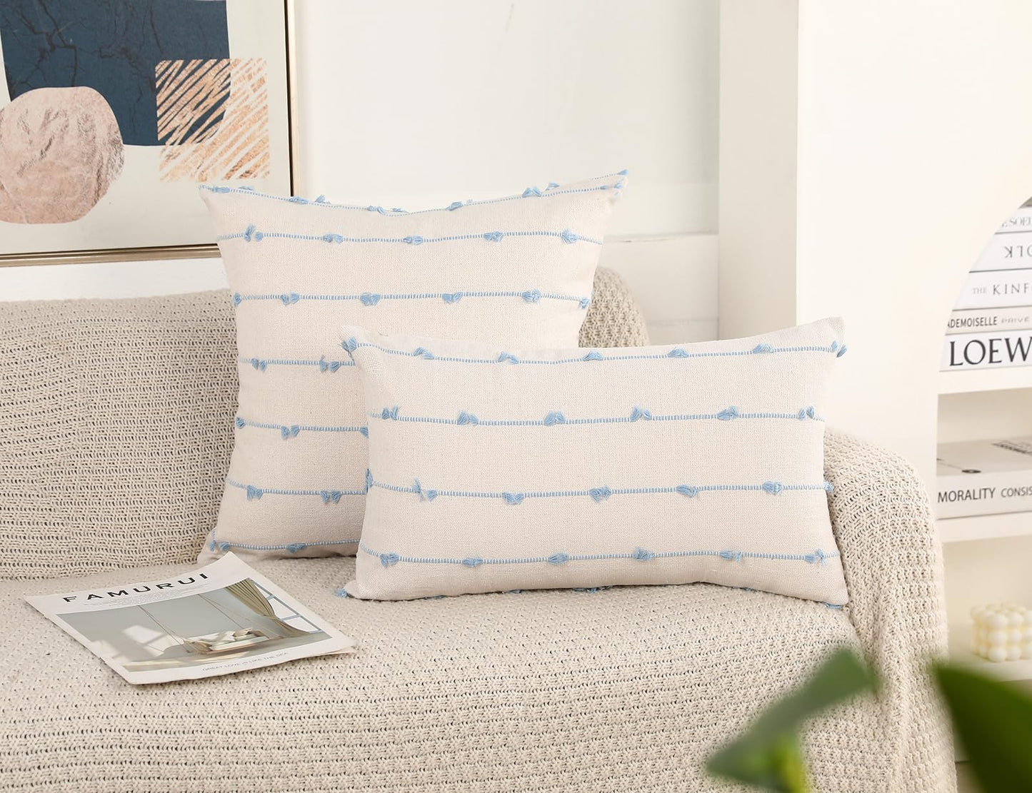 NUYECY Set of 2 Boho Throw Pillow Covers 16x16,Light Blue and White Neutral Couch Pillow Case with Tassel Fringe Decorative,Modern Accent Farmhouse Cushion Covers for Sofa Couch Bed Living Room