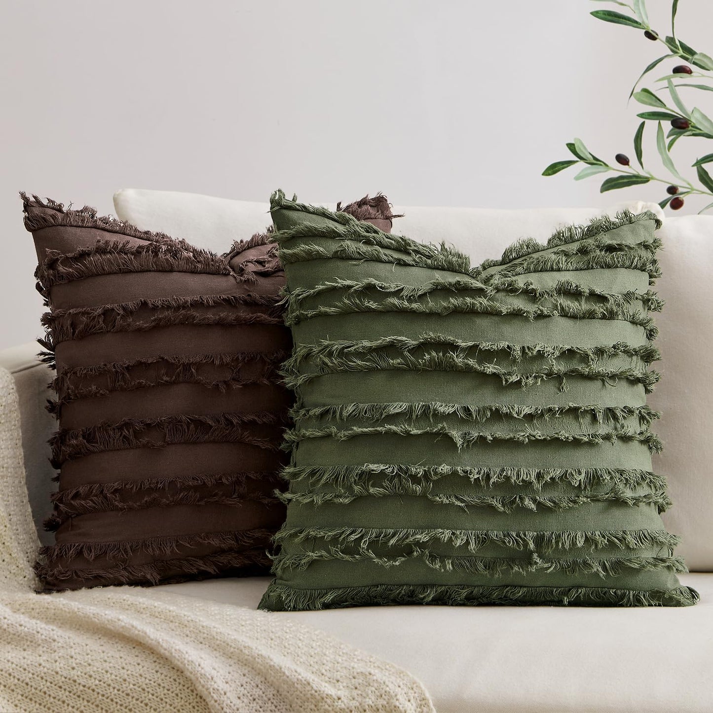 MIULEE Decorative Boho Throw Pillow Covers Set of 2 Dark Olive Green Linen Striped Jacquard Pattern Farmhouse Modern Cushion Covers for Sofa Couch Living Room Bedroom 20x20 Inch Home Decor