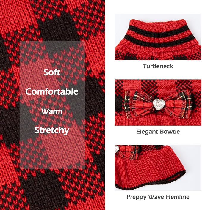 KYEESE Christmas Dog Sweater Dress for Medium Dogs with Leash Hole Classi Checkered Pet Sweaters Dog Christmas Outfit with BowtieTurtleneck Dogs Apparel for Winter, XXXL