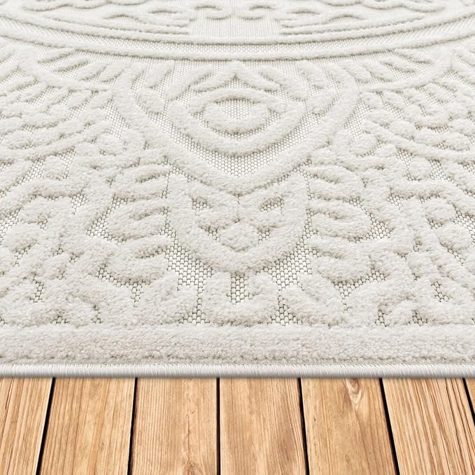 Paco Home Modern in- and Outdoor Rug with Carved Oriental Mandala Pattern in Cream, Size: 7'10" x 11'2"