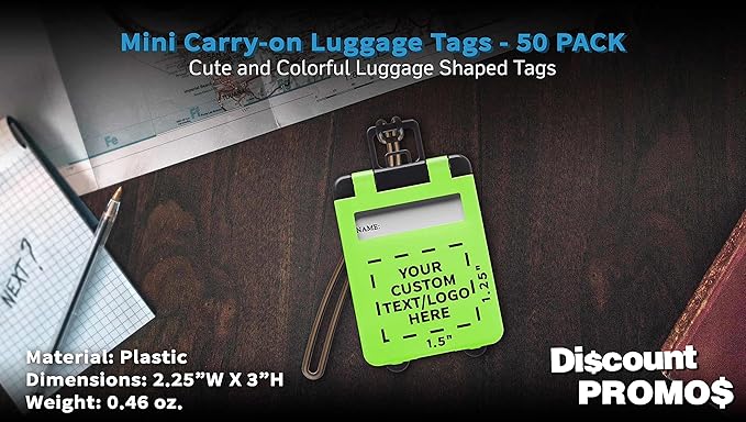 50 Mini Carry-on Luggage Tags Pack - Customizable Text, Logo - Flip Open Cover, ID Sticker - Lime Green