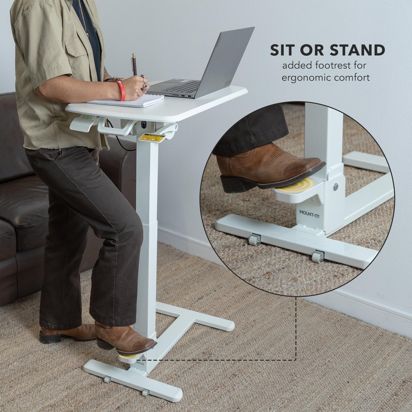 Mount-It! Foldable Overbed Table with Wheels – Height Adjustable Rolling Bedside Table, No Assembly Required, Ultra-Low Profile Base Fits Under Beds & Sofas, for Home and Hospital Use