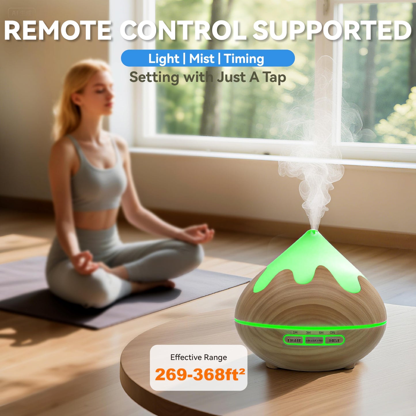 GLOXA 500ML Essential Oil Diffuser, Aromatherapy Diffuser with Remote Control, Multifunctional Air Diffusers for Home Office Room, Fragrance Aroma Diffuser with 7 Color LED & 2 Mist Mode, Brown