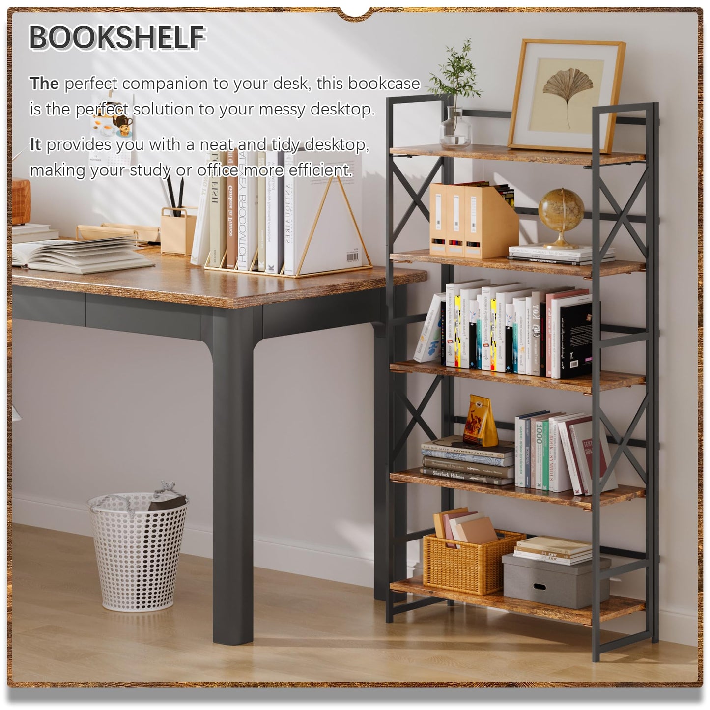 4NM 5 Tiers No Assembly Book Shelves, 51.2" H Folding Bookshelf Bookcase Open Industrial Foldable Shelves for Bedroom, Living Room, Home Office - Rustic Brown Black