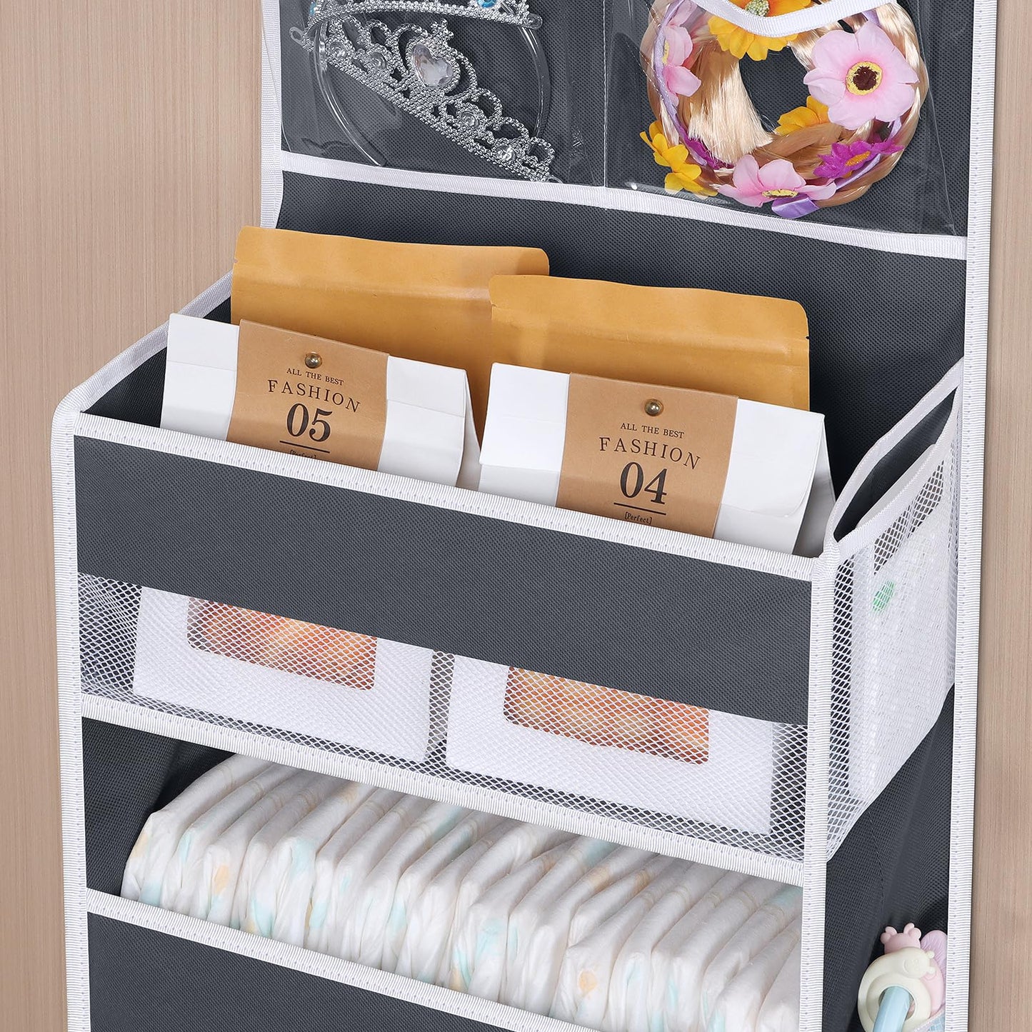 Univivi Over The Door Organizer with 6 Side Mesh Pockets, 5 Shelf Door Hanging Organizer Large Capacity Door Storage for Closet Nursery Bedroom Dorm and Baby Essential