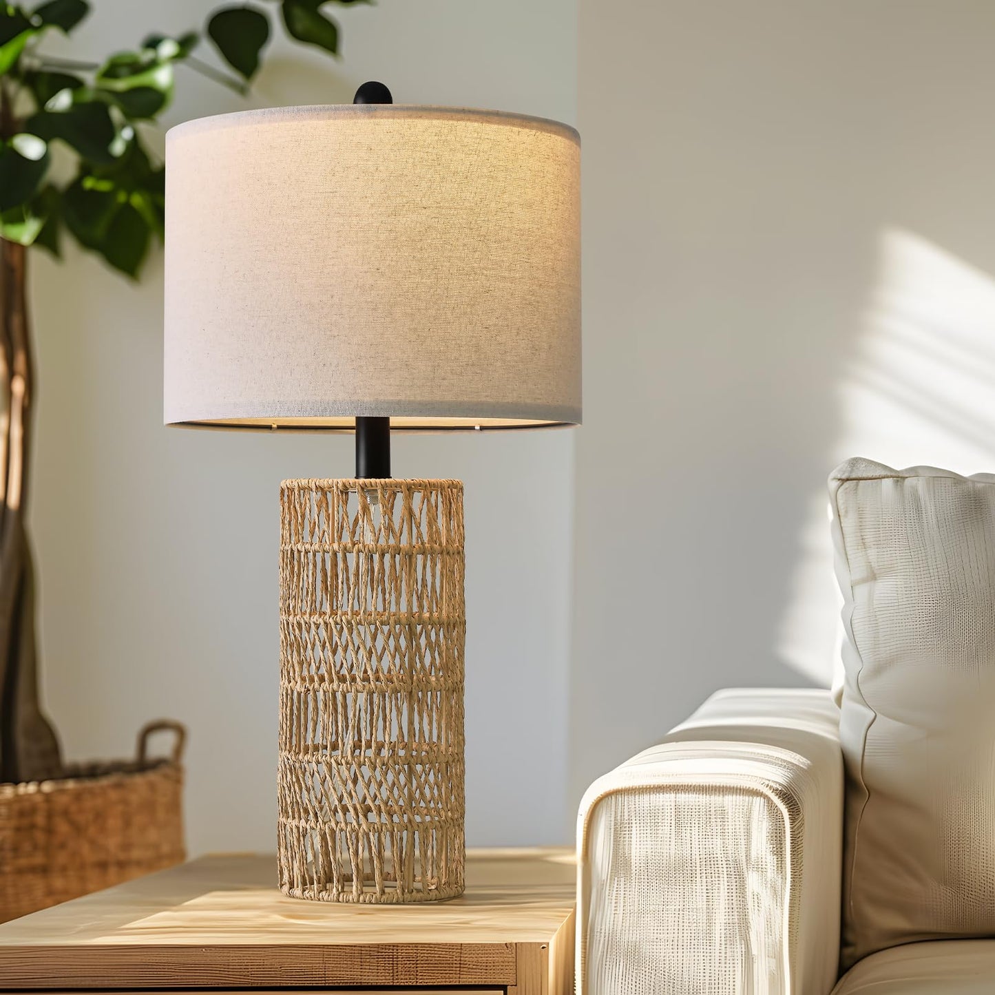 OYEARS 22.5" Boho Table Lamps Set of 2 for Living Room, Bedside Lamp for Nightstands, Rattan Lamp for Bedroom, Farmhouse Table Lamp for Room Decor, End Table, Retro, Brown（Not Include Bulbs）