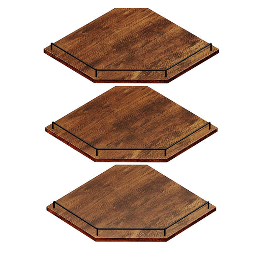 JJL Corner Shelf Wall Mounted, 12 Inches 3-Tier Floating Corner Shelf, Hexagon Rustic Wood Decor with Fence, Brown Storage Organizer for Apartment Bedroom Kitchen Bathroom