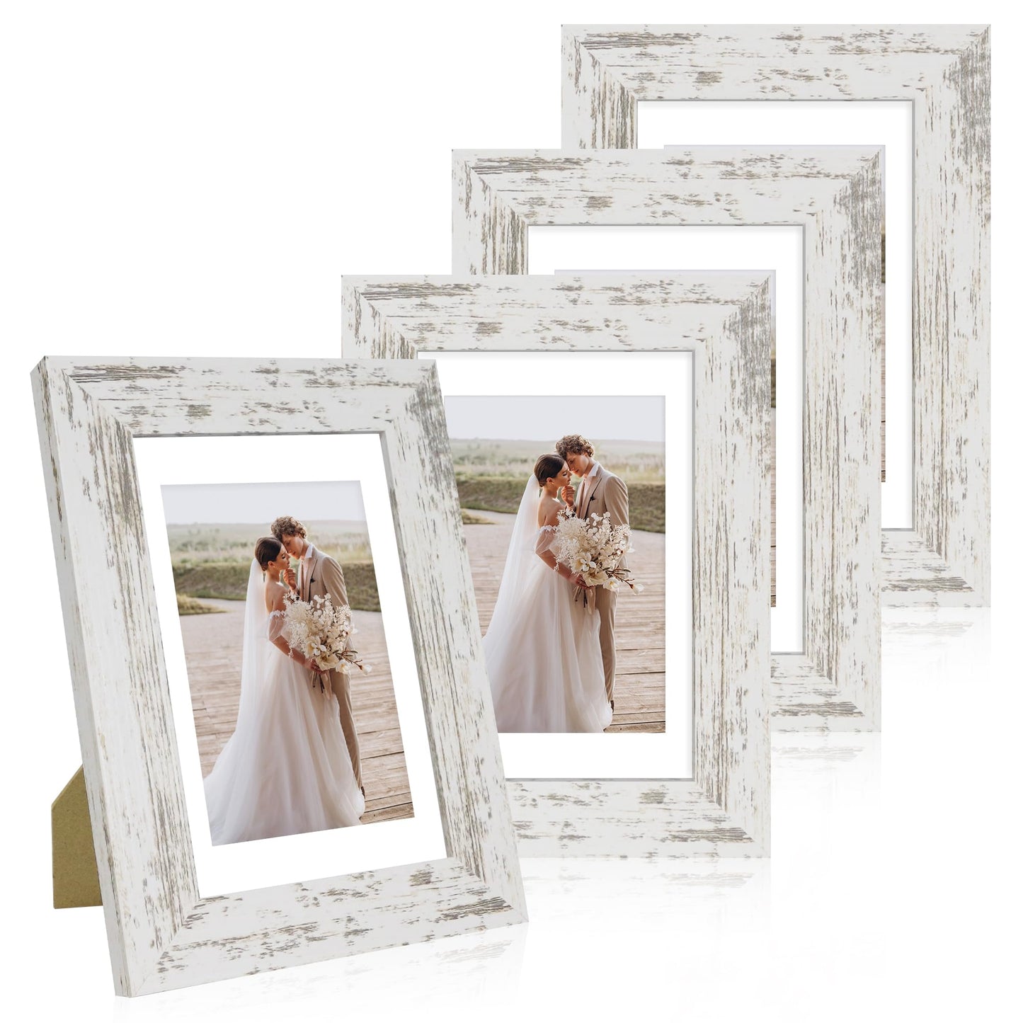Hongkee 4x6 Picture Frame Set of 4, Made of Real Glass and Distressed White Wooden Frame, 4 by 6 Photo for Wall or Tabletop - Display Picture 3.5x5 with Mat or 4x6 Without Mat