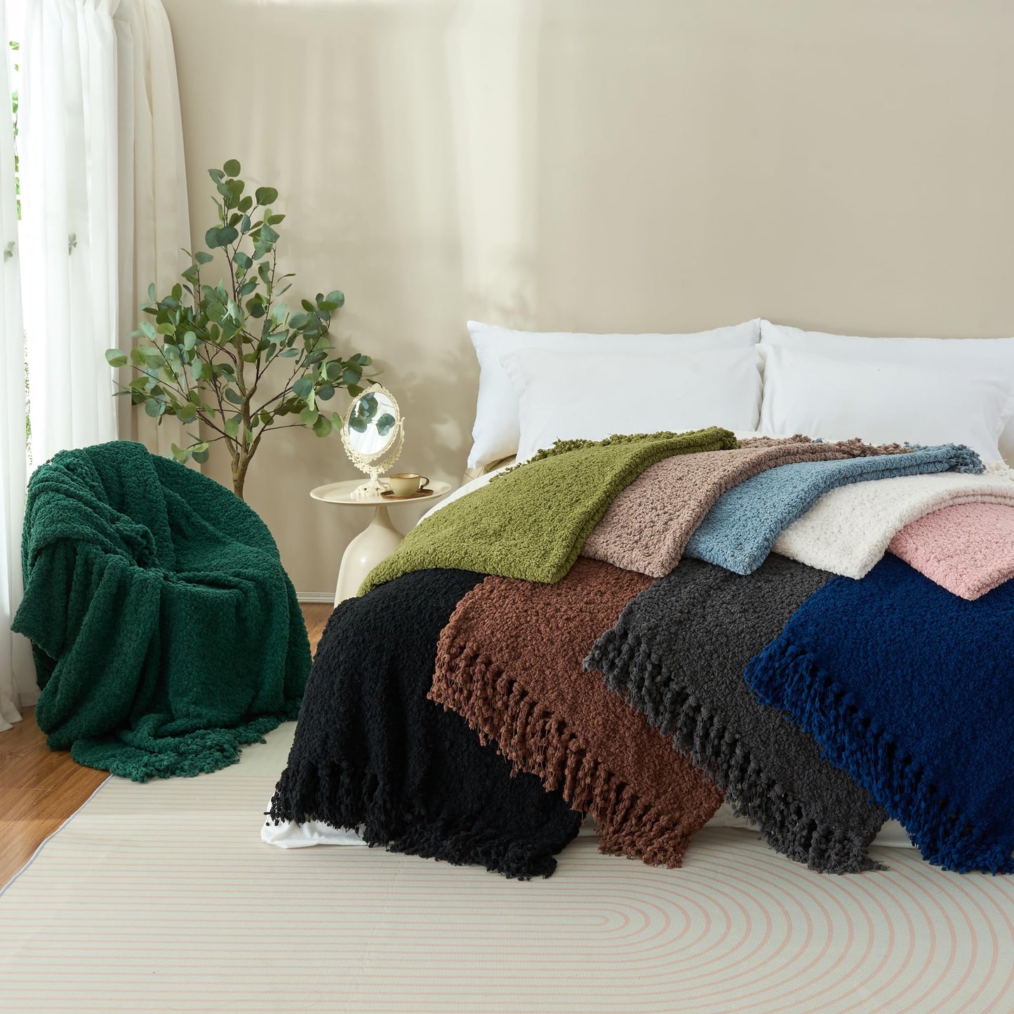 LONG CREATE Throw Blanket for Couch, White Luxury Knitted Throws 50"x60", Textured Blankets with Handmade Fringe Tassels for Bed Sofa Decorative, Chunky Soft Farmhouse Boho Home Decor