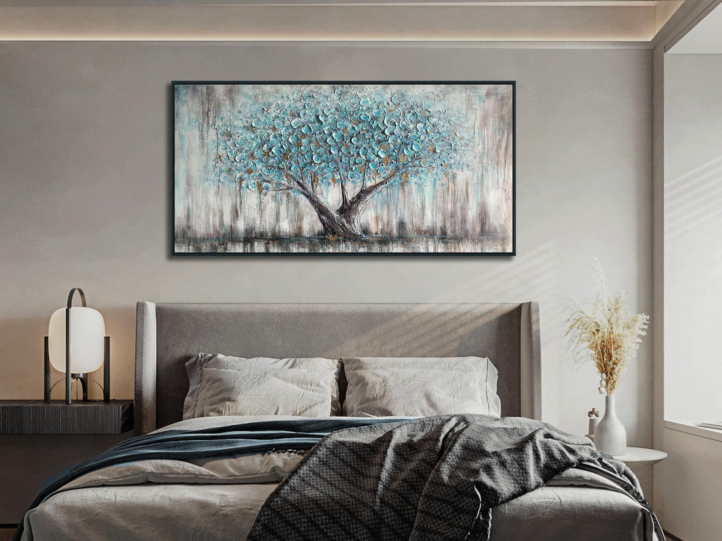 Arjun Framed Blue Tree Canvas Wall Art for Living Room Tree of Life Abstract Bedroom Textured Painting, Nature Picture Landscape Artwork Home Office Decor, Black Wood Large 40"x20"