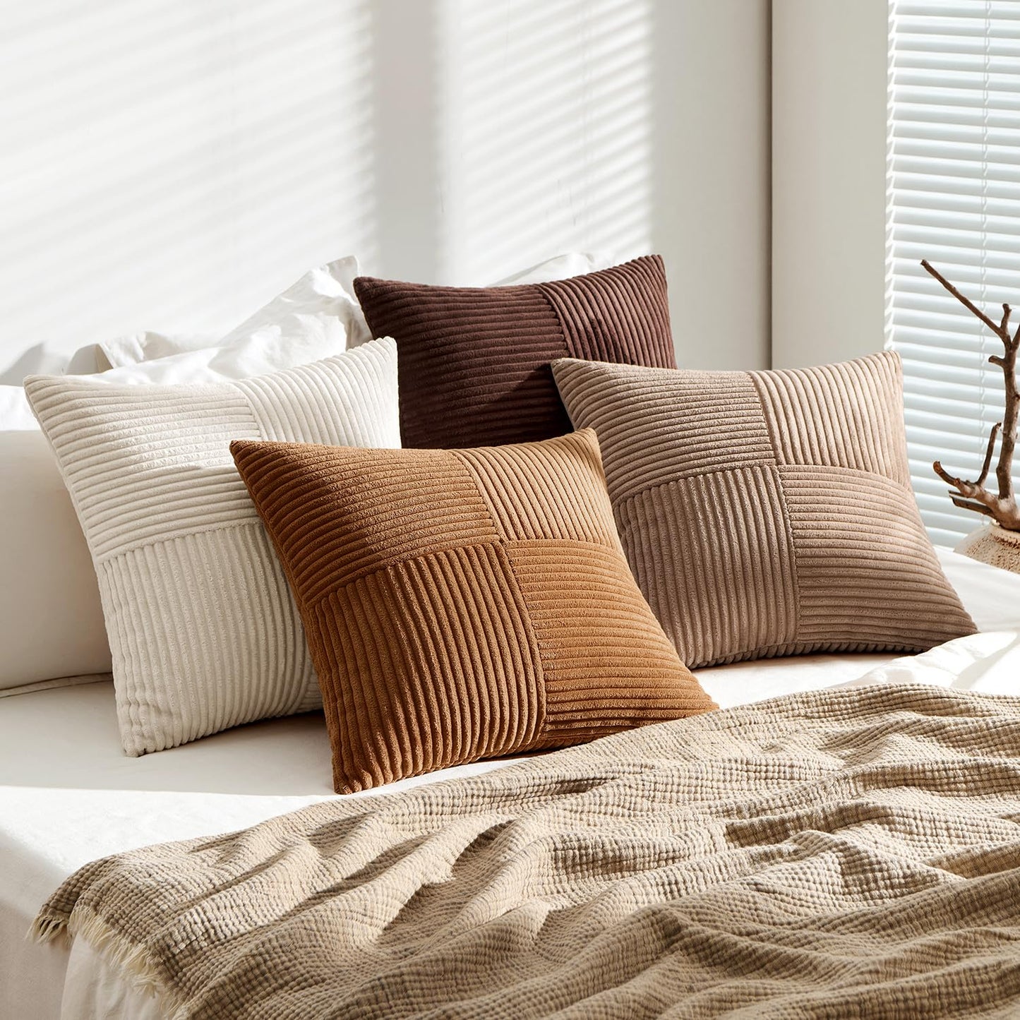 ANRODUO Pack of 4 Decorative Throw Pillows for Couch Gold Brown 18x18 Inch Boho Cozy Soft Corduroy Cushion Covers Farmhouse Accent Pillowcases for Mid Century Summer Home Decor Sofa Bed Living Room