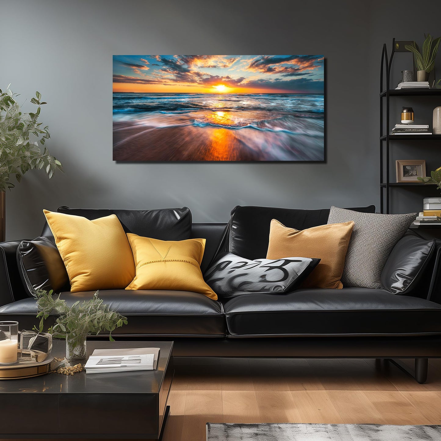 GUGIKA Sun Wall Art for Living Room, Blue Wave and Large Coastal Beach Wall-Decor for Bedroom, Gold Sun Scenery Poster Canvas Print, Size 40 x 20 Inches