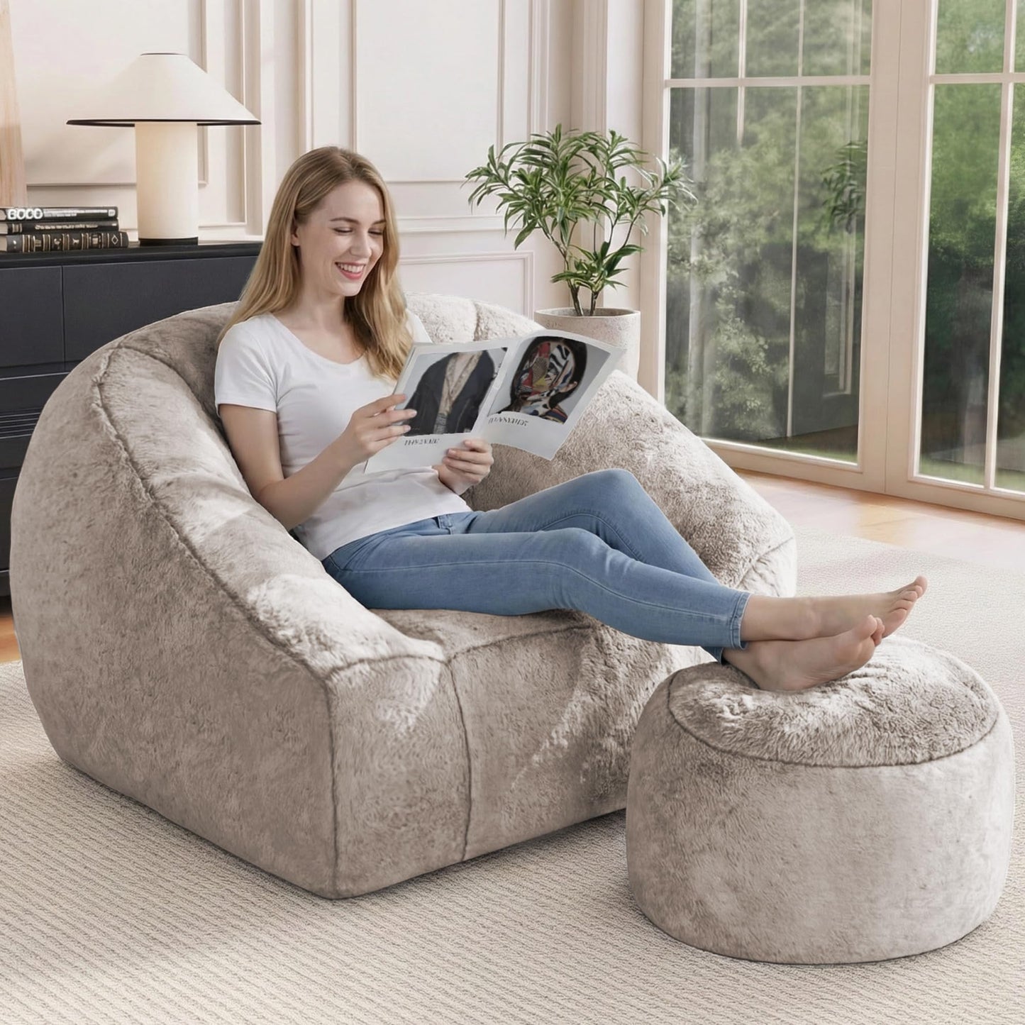 lilanoon Bean Bag Chairs with Ottoman for Adults, Comfy Beanbag Chair with High-Resilience Foam, Oversized Bean Bag Sofa with Soft Faux Fur Fabric, Bean Bag Chair for Living Room,Bedroom,Khaki