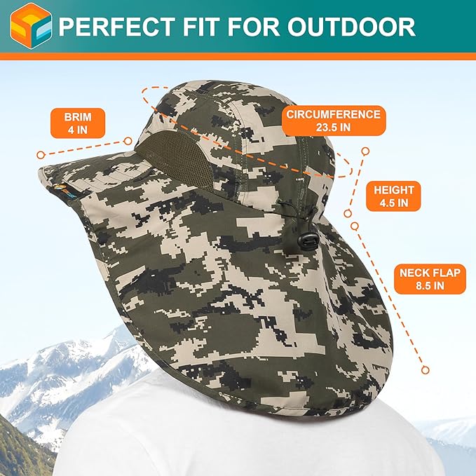 SUN CUBE Wide Brim Sun Hat with Neck Flap, UPF50+ Hiking Safari Fishing Hat for Men Women, Sun Protection Beach Hat