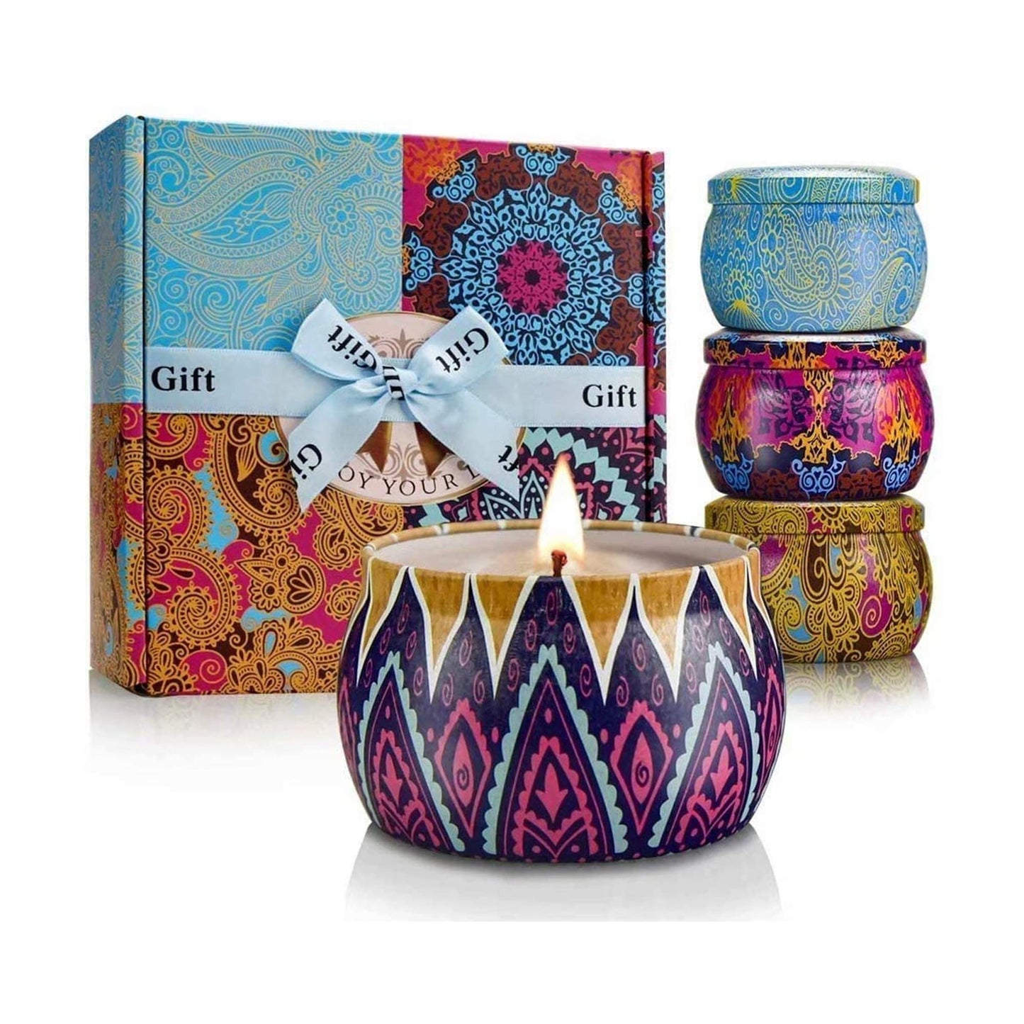 Scented Candles Gift Set for Women, 4 Pack Soy Wax Candles in Classic Bohemian Tins, Aromatherapy Candle Set, Birthday Gifts for Mom, Thank You Gifts