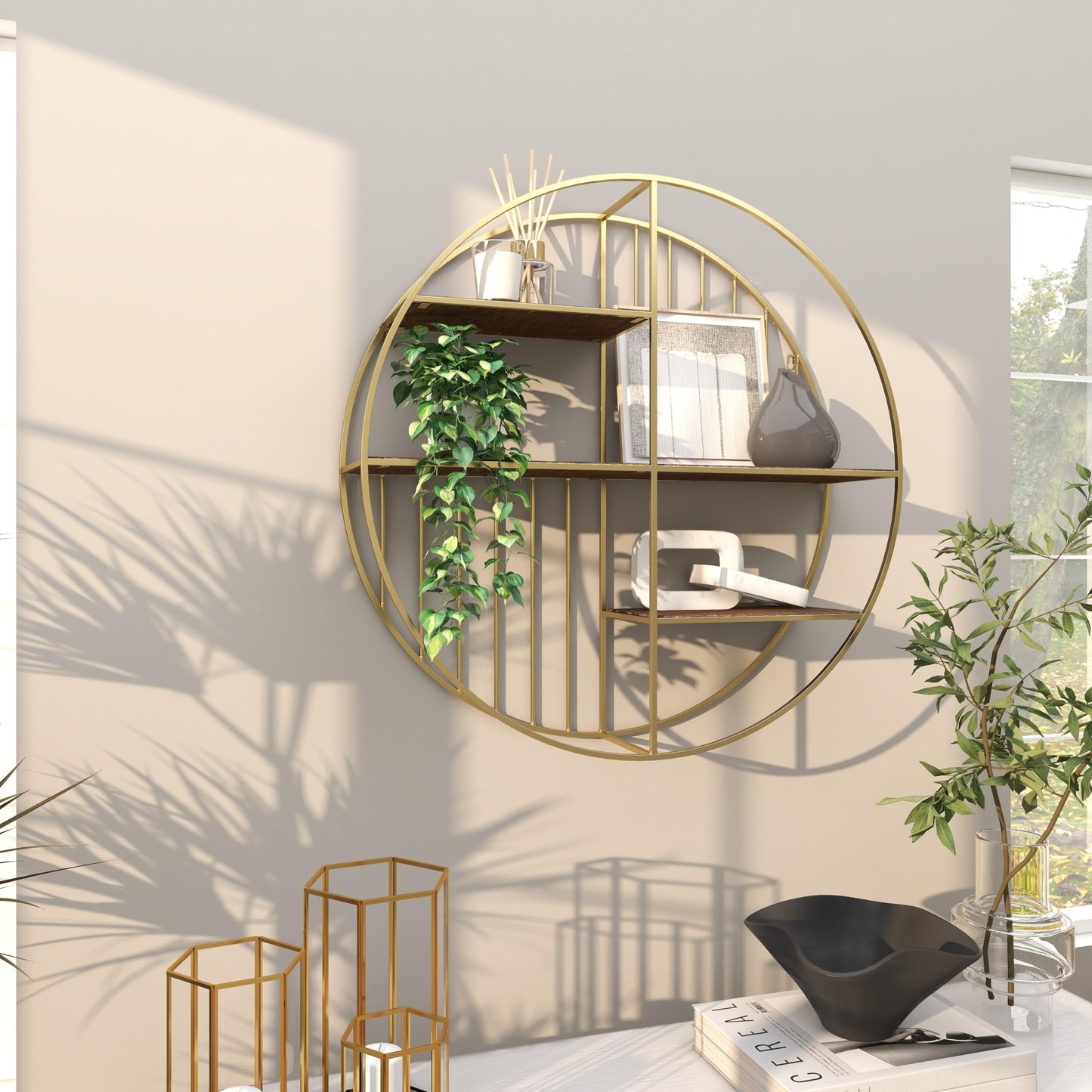 Deco 79 Metal Geometric Wall Shelf Circle with 3 Wood Shelves and Linear Rods, 28" x 7" x 28", Gold