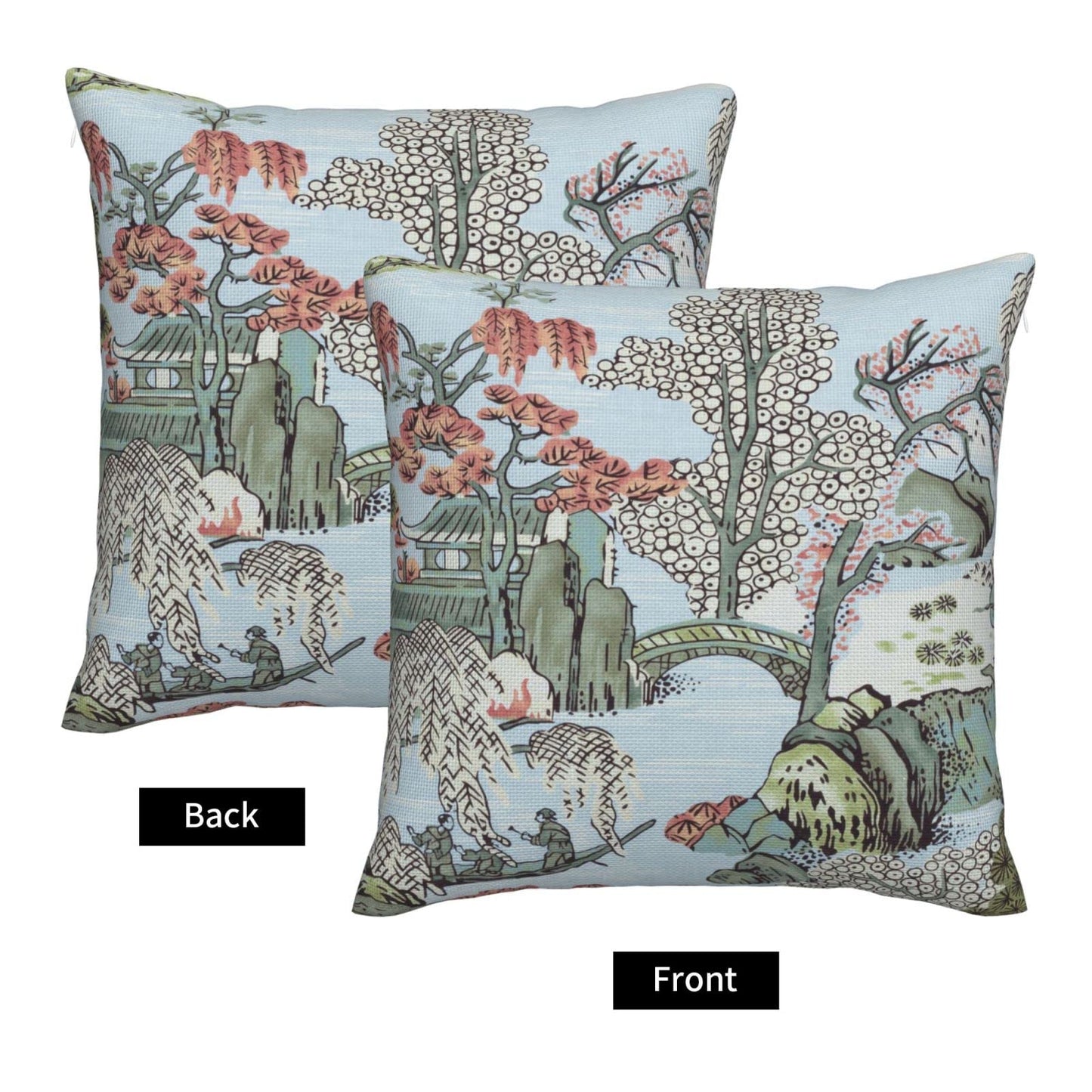 Wsunsal Chinoiserie Pillow Cover 22x22 Inch Set of 2, Asian Scenic Coral Green Blue Throw Pillows Farmhouse Chinoiserie Decorative Pillowcase Linen Cushion Cover for Home Sofa Bedroom Outdoor