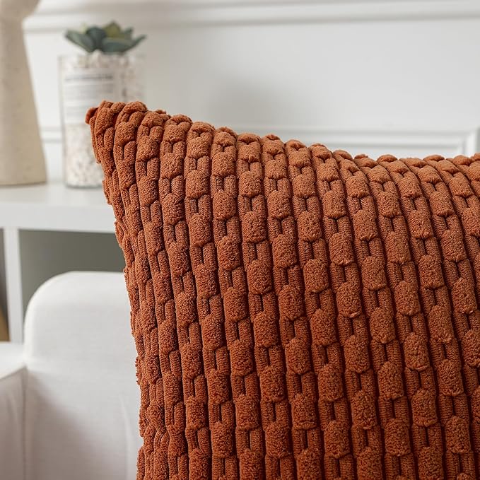 Kevin Textile Fall Throw Pillow Covers Soft Corduroy Decorative Set of 2 Boho Striped Pillow Covers Pillowcases Farmhouse Home Decor for Couch Bed Sofa Living Room 12x20 Inch Rust Brown