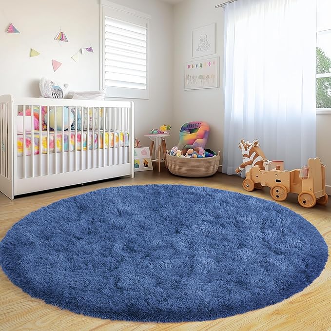 Round Fluffy for Bedroom Rugs, 4Ft Navy Blue Shag Circle Rug Non-Slip for Kids Girls Boys Bedroom Dorm Nursery Playroom, Soft Cute Area Rugs for Living Room Decor