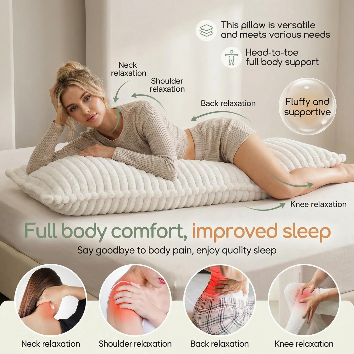 Zhlloucm Luxurious Faux Fur Full Body Pillow for Adults,Shredded Memory Foam Body Pillows for Side Sleeper & Pregnancy, 20x54 Inch Fluffy Long Bed Pillow for Back Pain Relief, Removable Cover