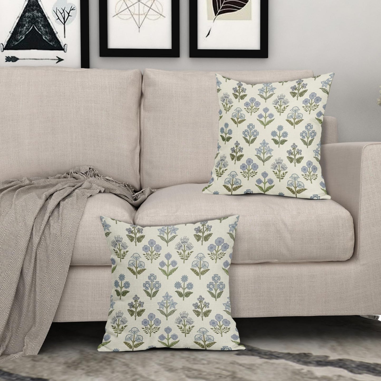 Sivirary Blue Green Block Print Floral Pillow Covers 18x18 Inch Set of 2