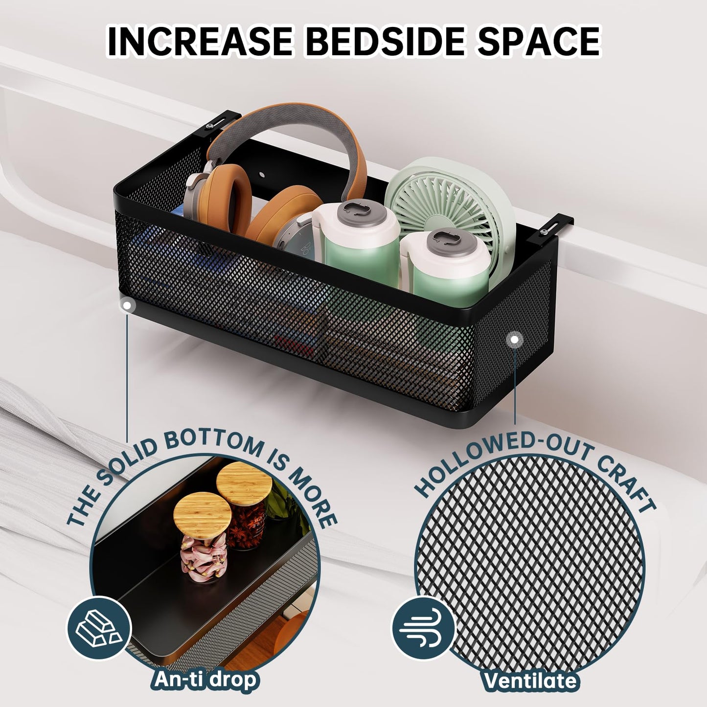 WOCUBEHOME Bedside Caddy Shelf for Bunk Bed & Dorm, Adjustable Bunk Bed Caddy Holder for Top Bunk, Rails, Cribs, Bedside Shelf Organizer for Phone/Books/Drinks (White, L(L11in*W4.9in*H3.93in))