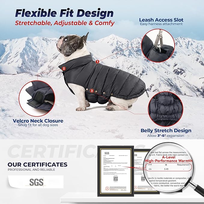 SPACE LION Dog Puffer Jacket, Down Winter Coat, Durable Outdoor Coat for Cold and Windy Conditions, Lightweight & Adjustable Fit Coats for Large Dogs,(Black, Size22/XL+)
