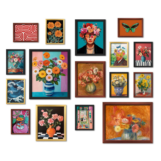 16 PCS Framed Eclectic Wall Art Decor, Mid Century Modern Maximalist Home Gallery Wall Frame Set Prints for Bedroom Bathroom, Colorful Posters for Living Room Aesthetic, Floral Artwork Collage Kit