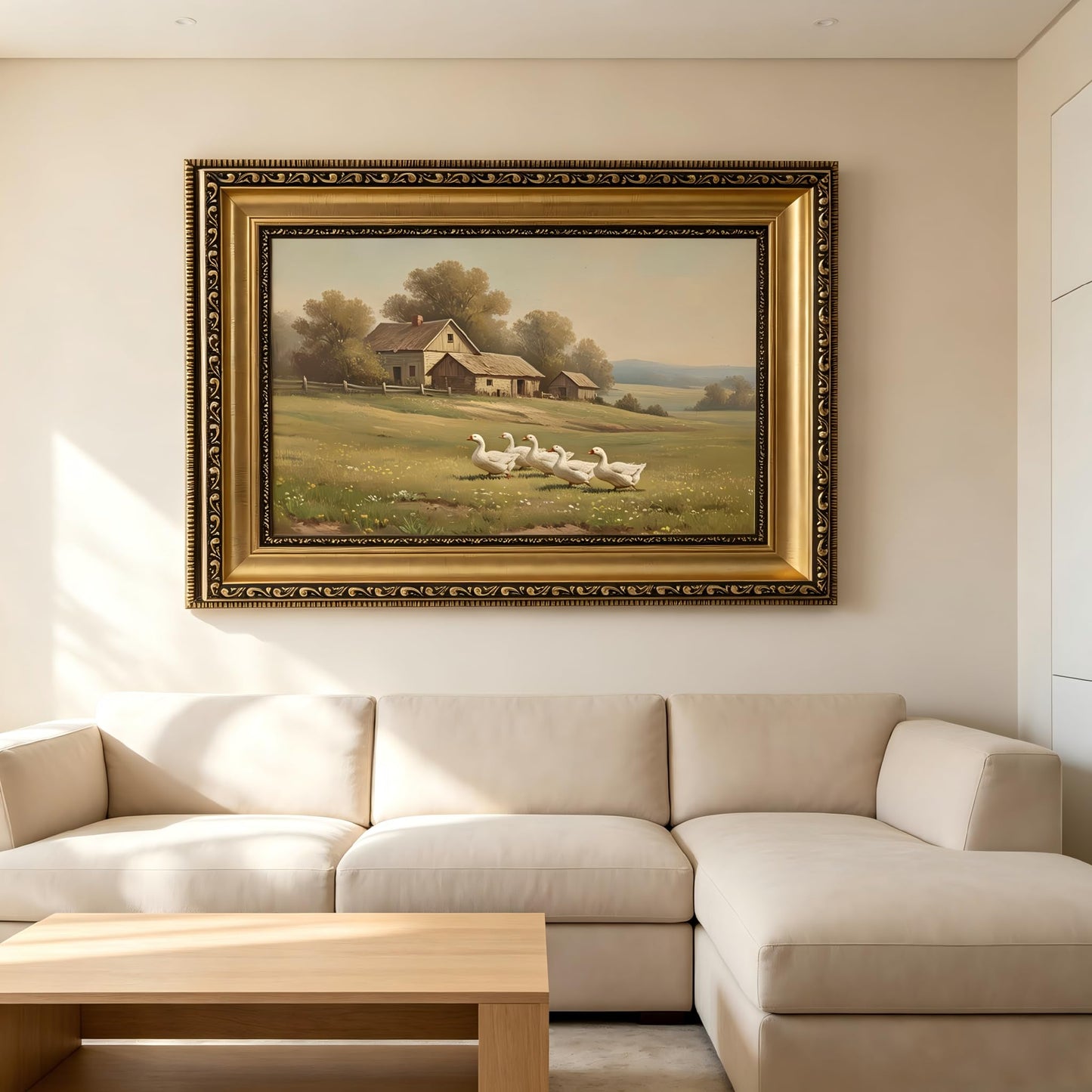Gold Framed Vintage Landscape Canvas Wall Art farmhouse goose pictures