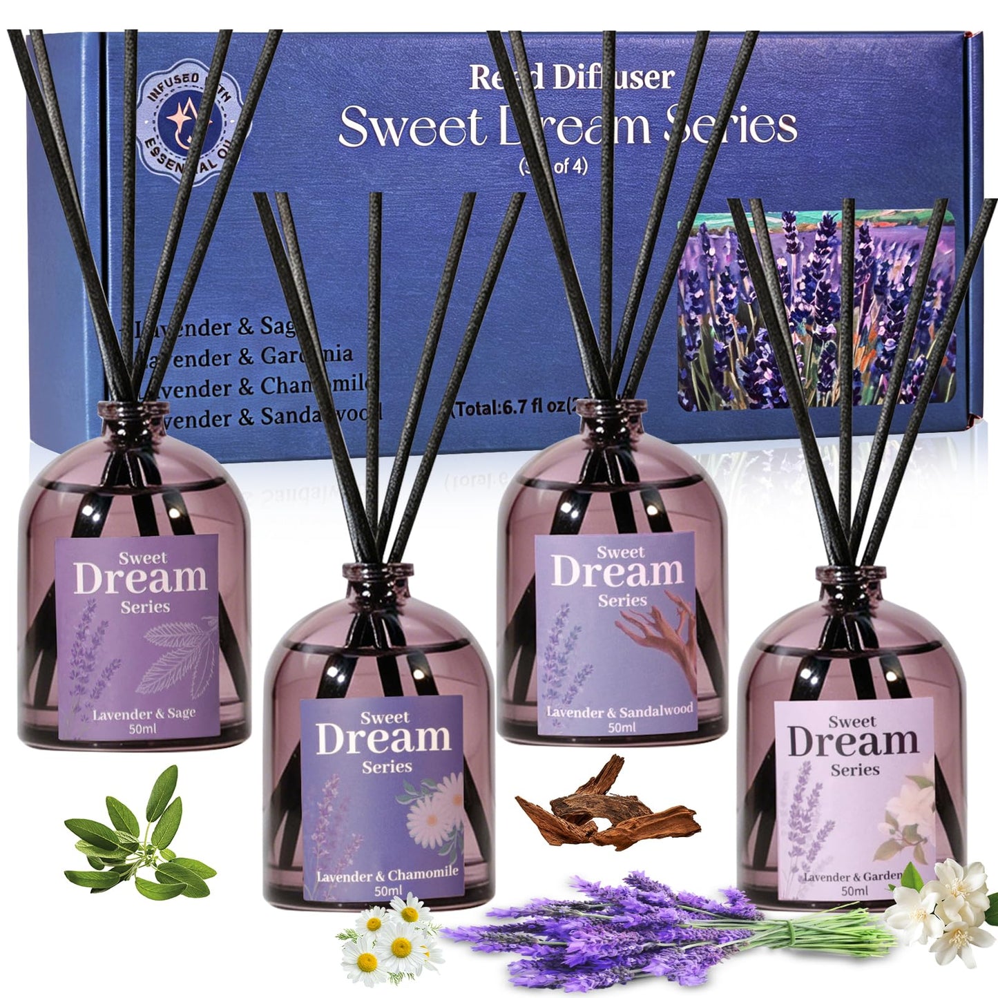STRN Reed Diffuser Sets, Lavender Scented Oil Diffuser, Fragrance Reed Diffuser with 24 Sticks, 6.8 Fl.oz (200ml), 4 Scents Long-Lasting Air Freshener for Bedroom Bathroom Home Décor（50ml*4）