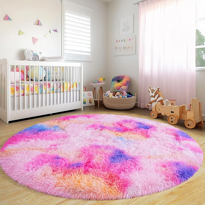 Round Fluffy Rugs 4Ft for Girls Bedroom, Dark Rainbow Shag Circle Kids Rug Non-Slip for Bedside Dorm Nursery Playroom, Soft Cute Area Rugs for Living Room Decor