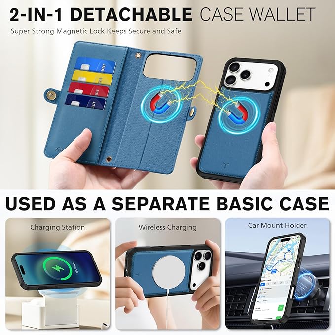 TUCCH Removable Crossbody Case Wallet for iPhone 17 Pro Max 6.9" 2025, Wireless Charging, RFID Blocking 10 Card Slots, Lanyard, Wrist Strap, Zipper Pocket, PU Leather, Stand Magnetic Cover, Light Blue