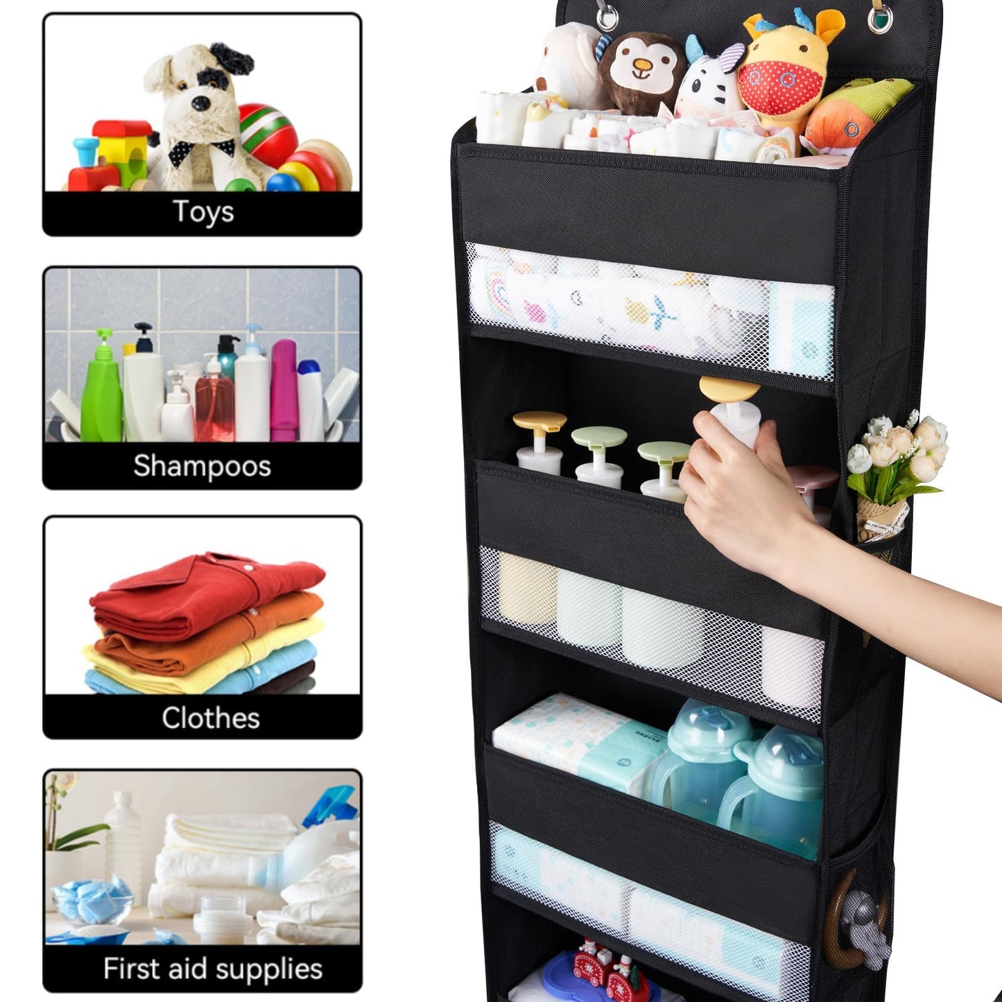 WishJazz Premium Over The Door Organizer 6 Large Pockets, 150D Extra Thick,50 lbs Hanging Organizer Storage, Behind Door Closet Organizer and Storage for Nursery, Bedroom, Bathroom, Black