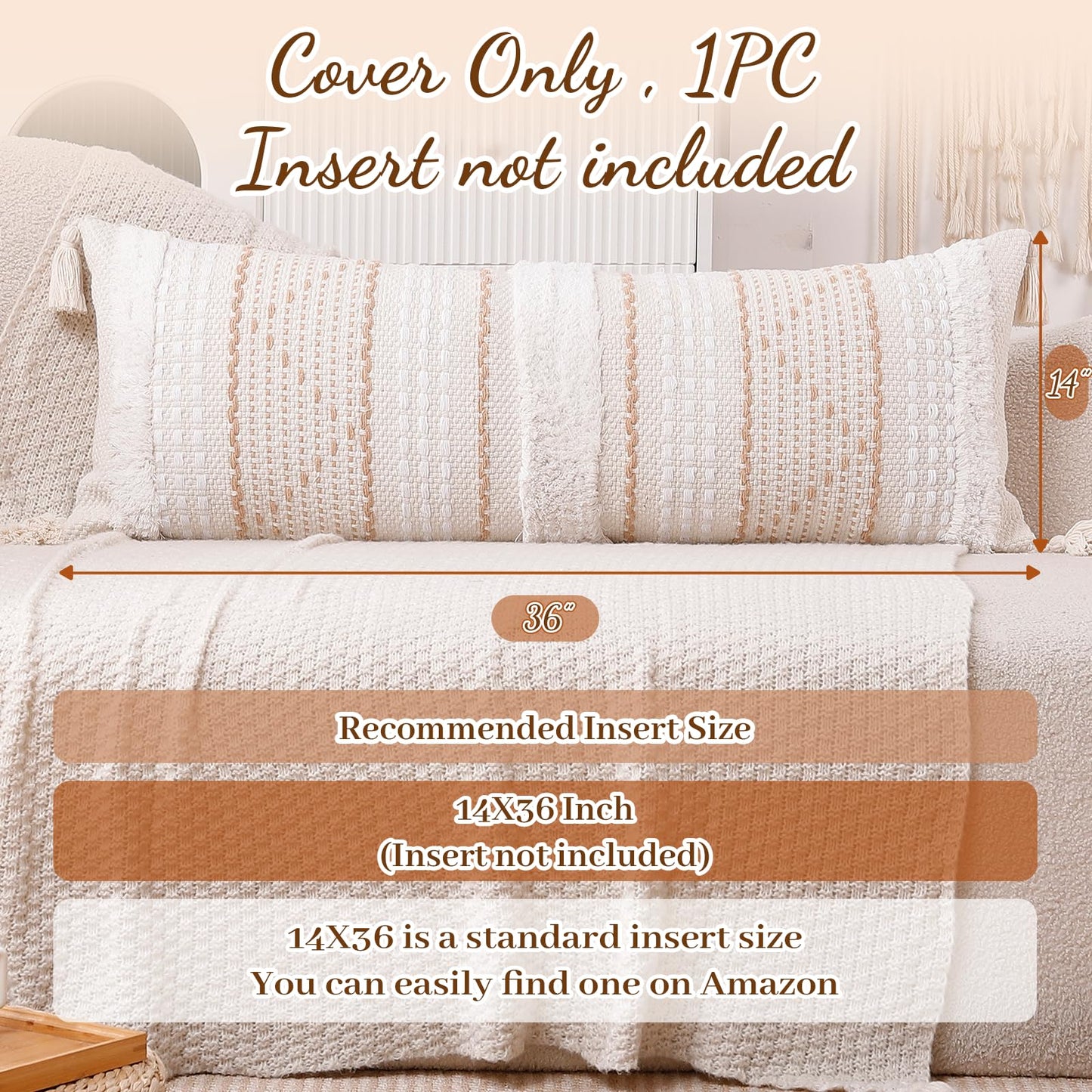 Richtry 14x36 Lumbar Pillow Cover, Boho Tufted Decorative Throw Pillowcase with Tassels for Bed Couch & Sofa, Modern Farmhouse Accent Cushion, Cream Beige (Cover Only)