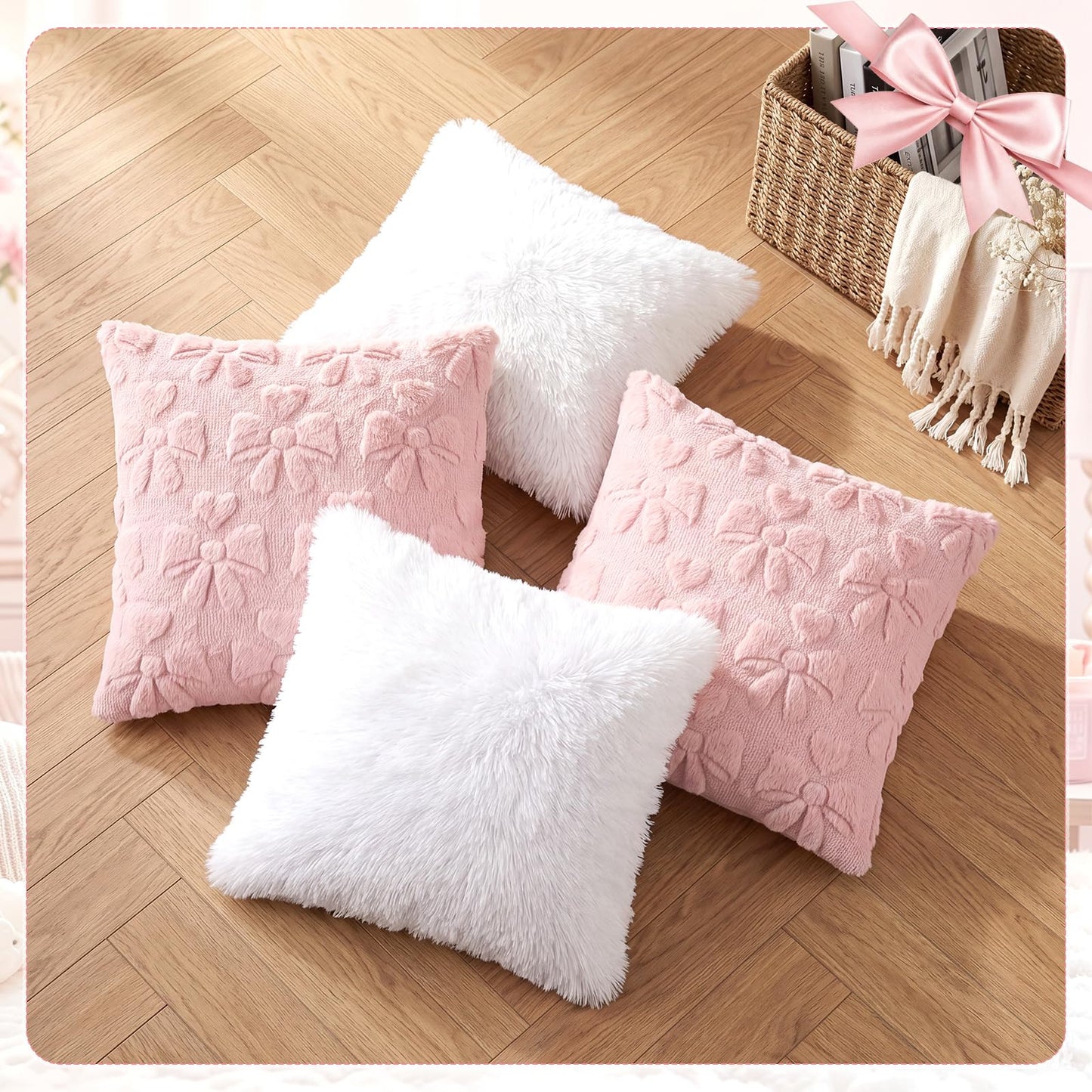 Mixweer 4 Pack Pink Bow Pillow Covers 18x18, Coquette Room Decor Soft Plush White Velvet Throw Pillow Covers, Cute Decorative Cushion Cases for Couch, Sofa, Bed, Girls Bedroom, Valentine’s Day Decor