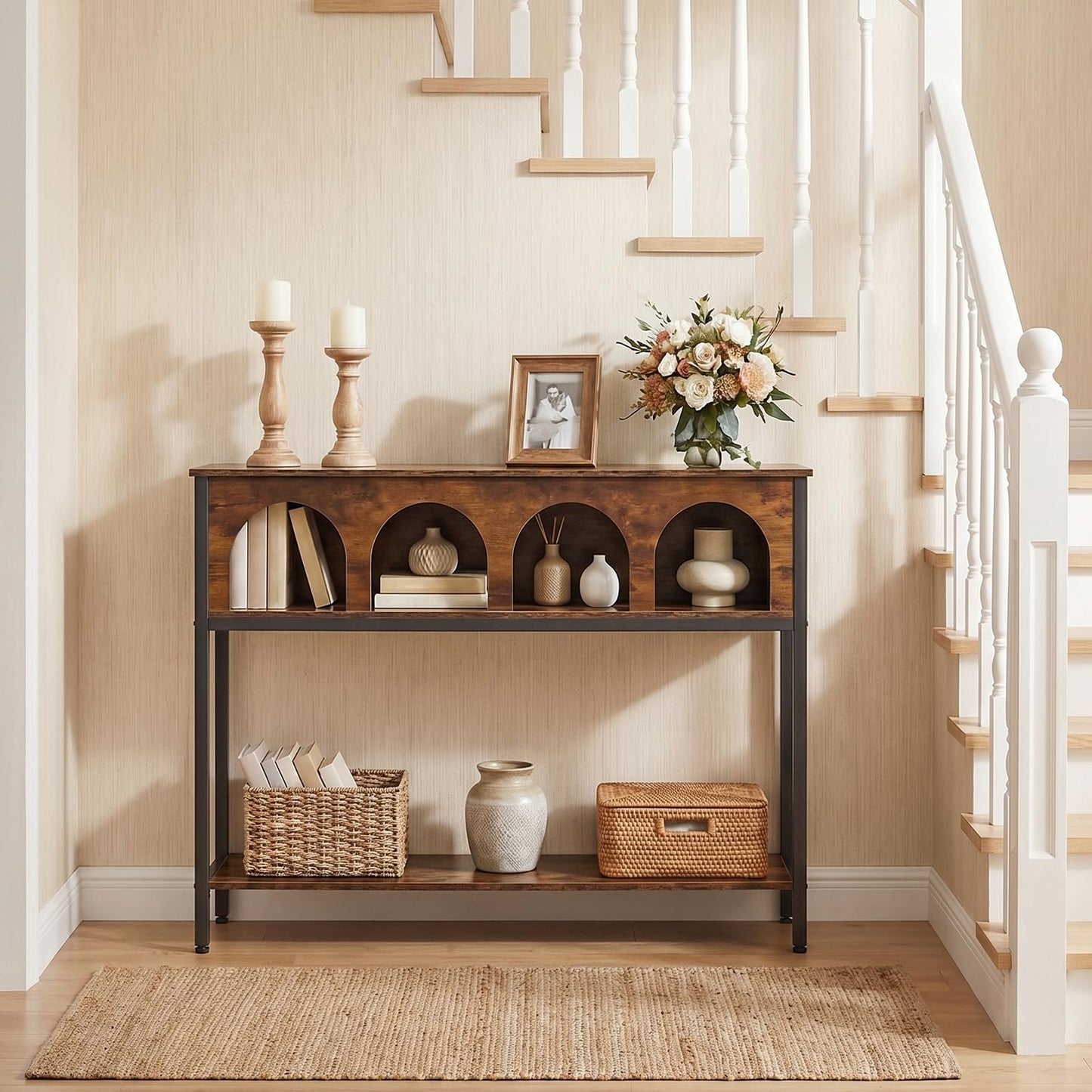 HOOBRO Narrow Console Table, Entryway Table with 3-Tier Storage, Sofa Table, Behind Couch Table with Arched Design for Living Room, Entrance, Hallway, Rustic Brown and Black BF106XG01