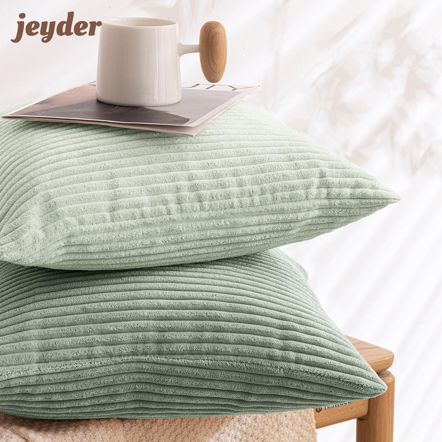JEYDER Boho Farmhouse Sage Green Mix Throw Pillow Covers 18x18 Inch Set of 4, Striped Corduroy Decorative Pillow Cases, Soft Modern Home Decor for Couch Sofa Living Room Bedroom, All Season S9