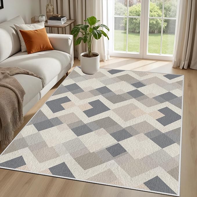Modern Area Rug Living Room Rugs 7x10, Minimalist Soft Boho Geometric Rug, Non-Slip Washable Low Pile Non Shedding Carpet for Bedroom Office Dining Room Kitchen Nursery, Gray Beige White