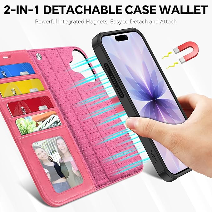 TUCCH 2-in-1 Removable Wallet Case for iPhone 17 (6.3-inch) 2025, Wireless Charging | RFID Blocking 4 Card Slots | Wrist Strap | Kickstand | Magnetic | PU Leather | Protective Flip Cover | Hot Pink