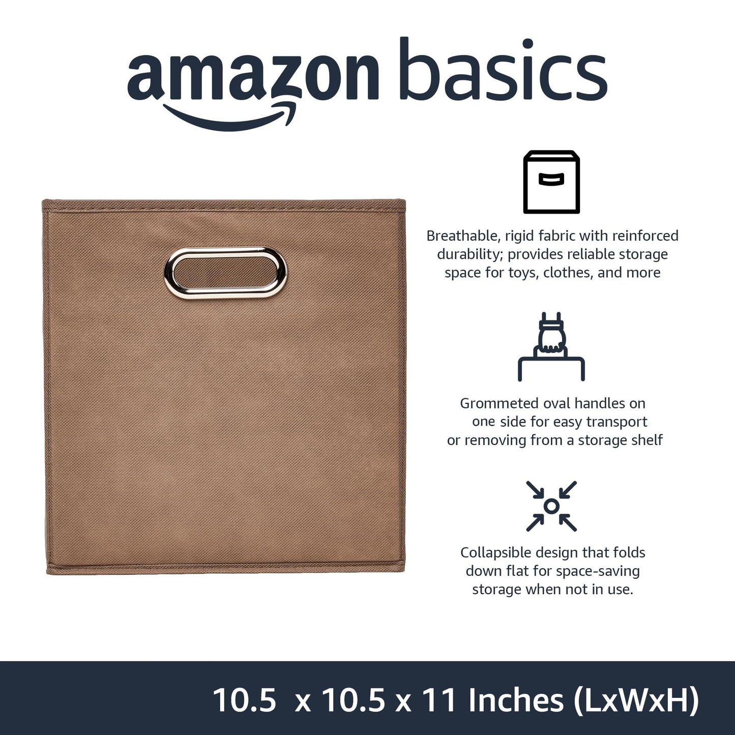 Amazon Basics Collapsible Fabric Storage Bins with Handle, Sturdy Space-Saving Cube Organizer, 10.5" x 10.5" x 11", Taupe, 6-Pack