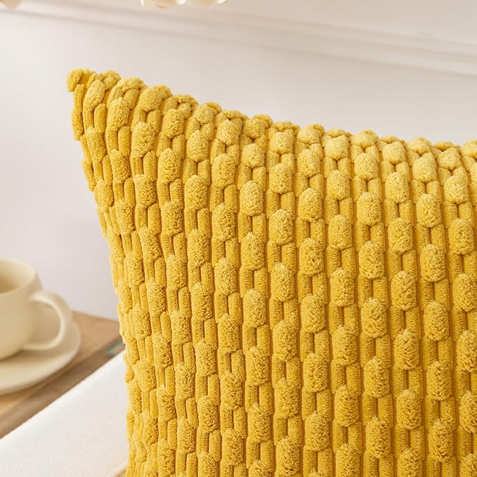 Kevin Textile Throw Pillow Covers Soft Corduroy Decorative Set of 2 Boho Striped Pillow Covers Pillowcases Farmhouse Home Decor for Couch Bed Sofa Living Room 18x18 Inch Mustard Yellow