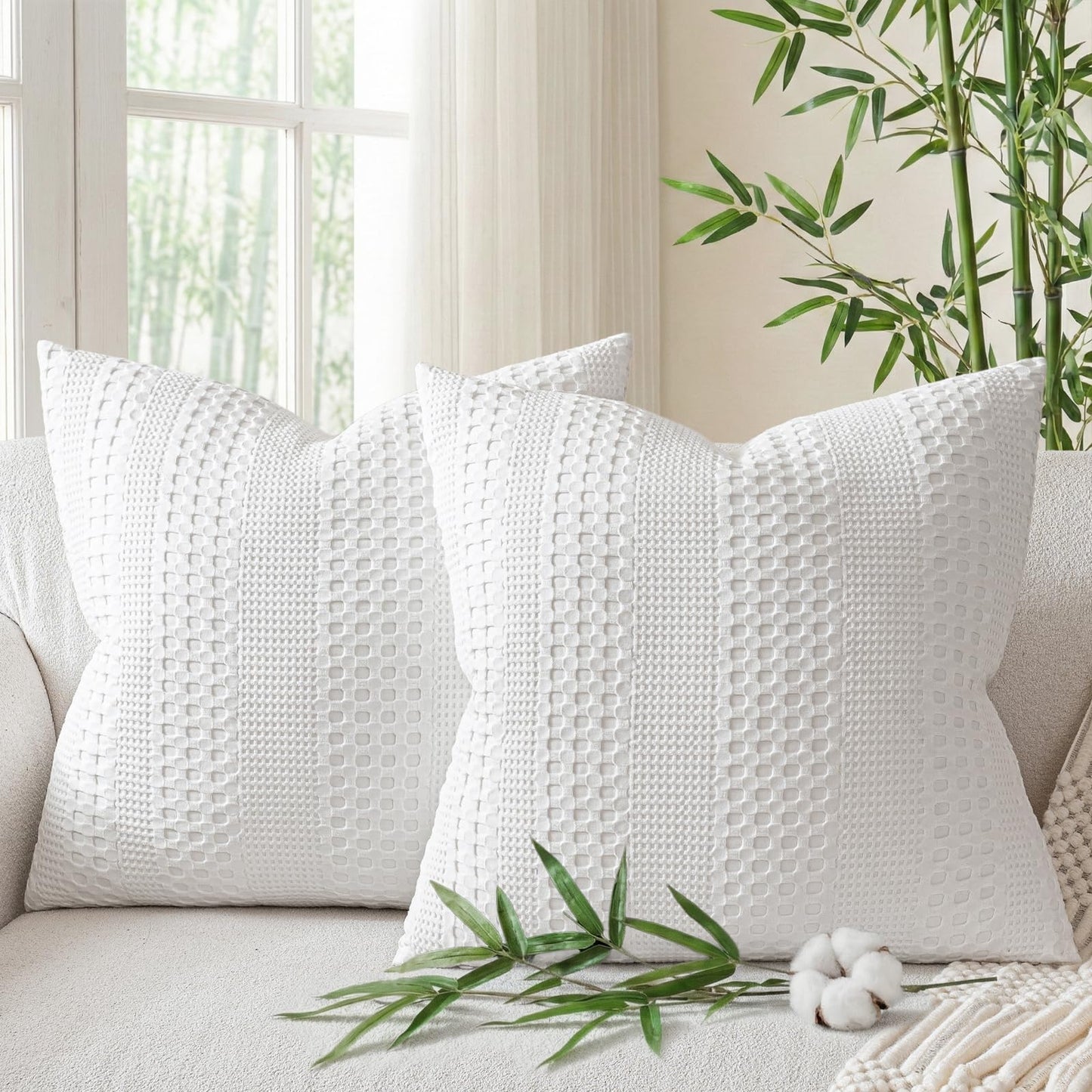 a moment 2 Pack Bamboo Fiber Pillow Covers - Waffle Weave, Ultra Soft & Breathable, Euro Shams Cotton Throw Pillow for Couch, Sofa, Bedroom Living Room 26x26 Inch White
