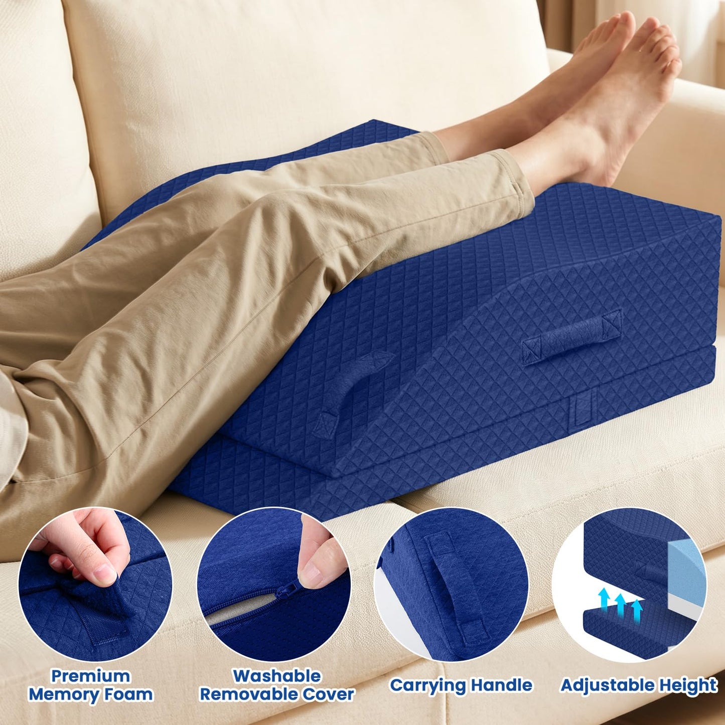 ComfyInLove Elevation Pillows for Leg After Surgery, Memory Foam Adjustable Wedge Pillow for Injury or Rest, Ankle Pillow for Sleeping Blood Circulation Blue/Double Leg