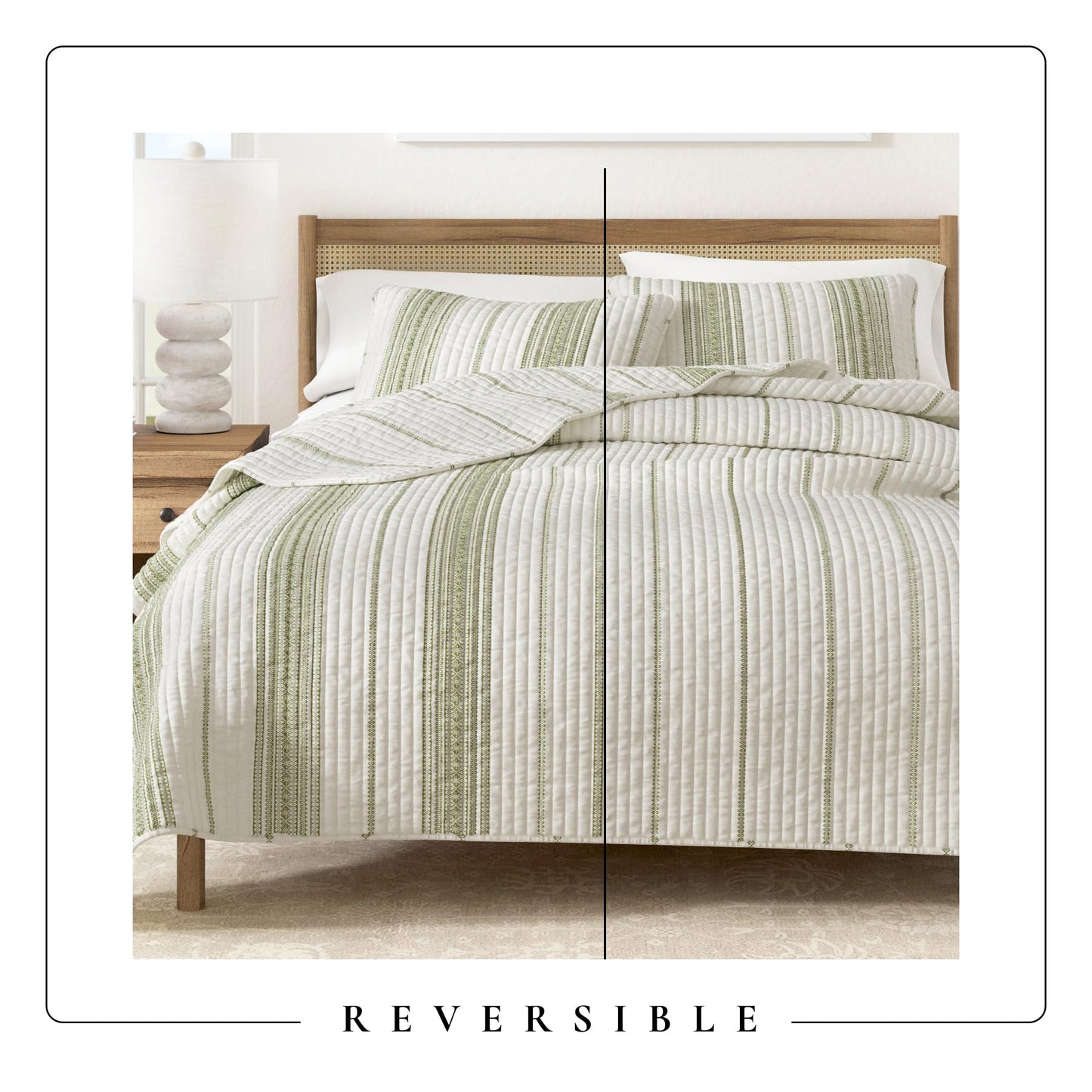 Great Bay Home Striped Quilt Set - 3-Piece Full/Queen Size Farmhouse Bedding Set - Lightweight, All-Season, Reversible Bedspread (Cream/Green)