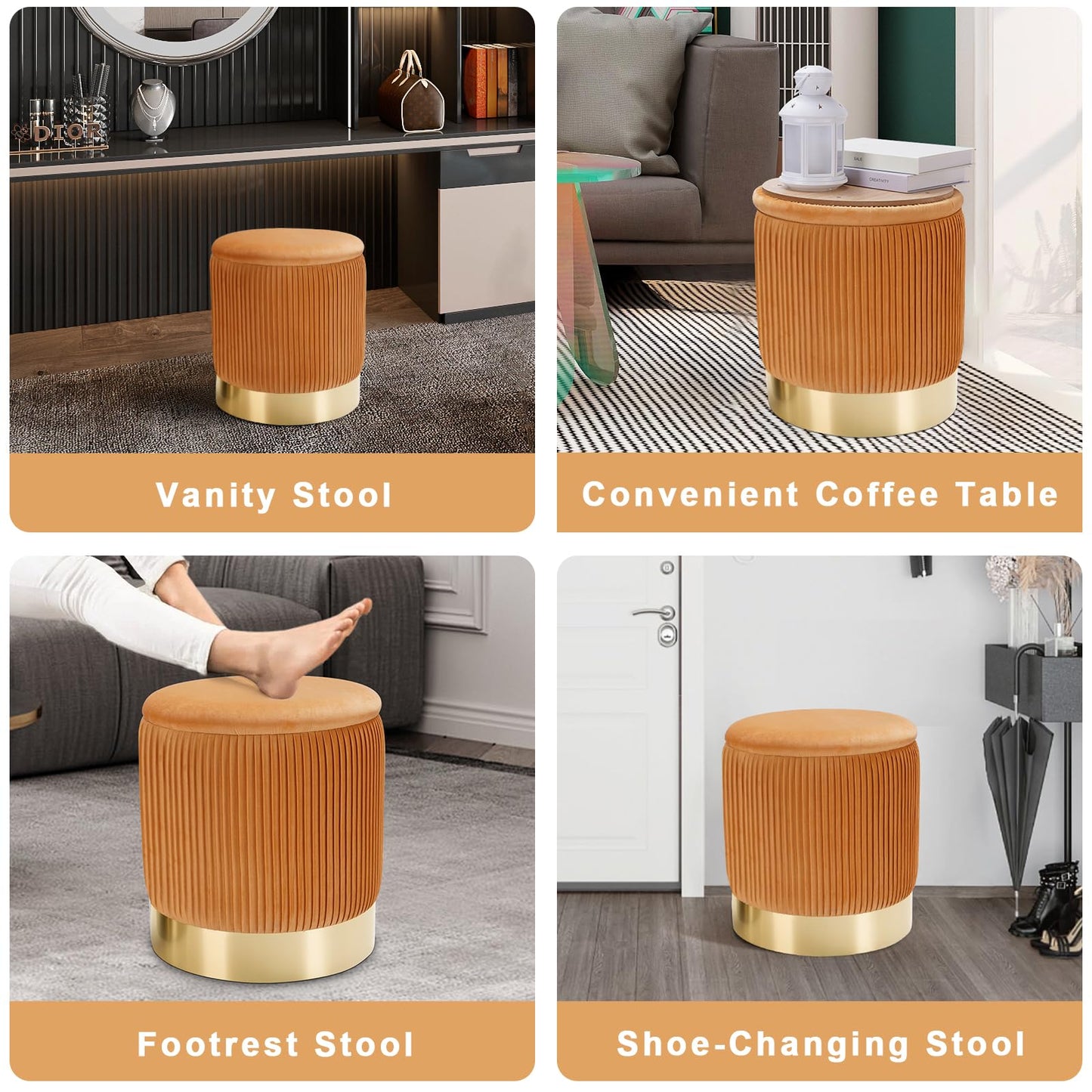 JUUON Round Velvet Storage Ottoman Set of 2, Nesting Pouf Footrest with Gold Metal Base and Pleated Design, Multifunctional Side Table & Vanity Stool for Living Room, Bedroom, Dorm (Pleated-Yellow)