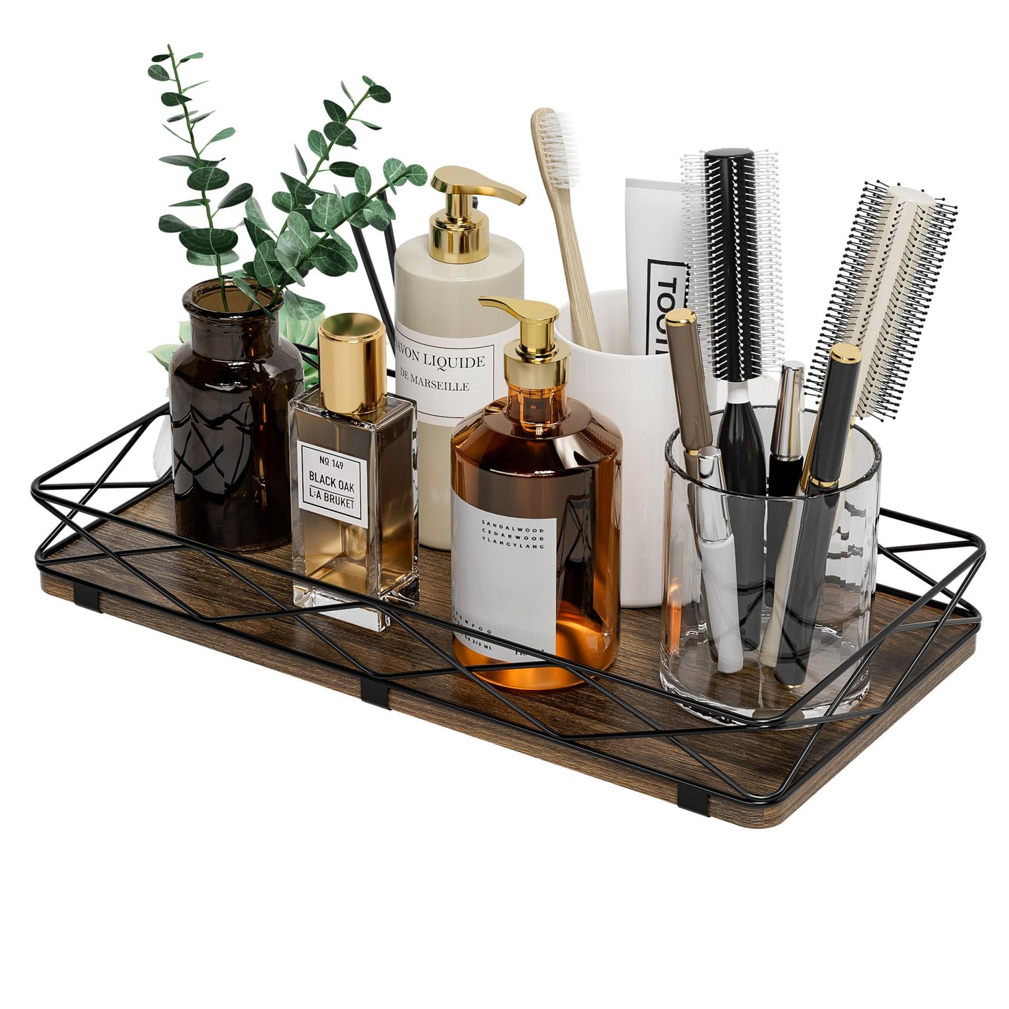 Lixple Toilet Paper Basket Holder, 13" Toilet Tank Tray, Wood and Metal Toilet Tray Vanity Organizer Bathroom Tray, Kitchen Sink Organizer for Soap Dispenser (Brown+Black)