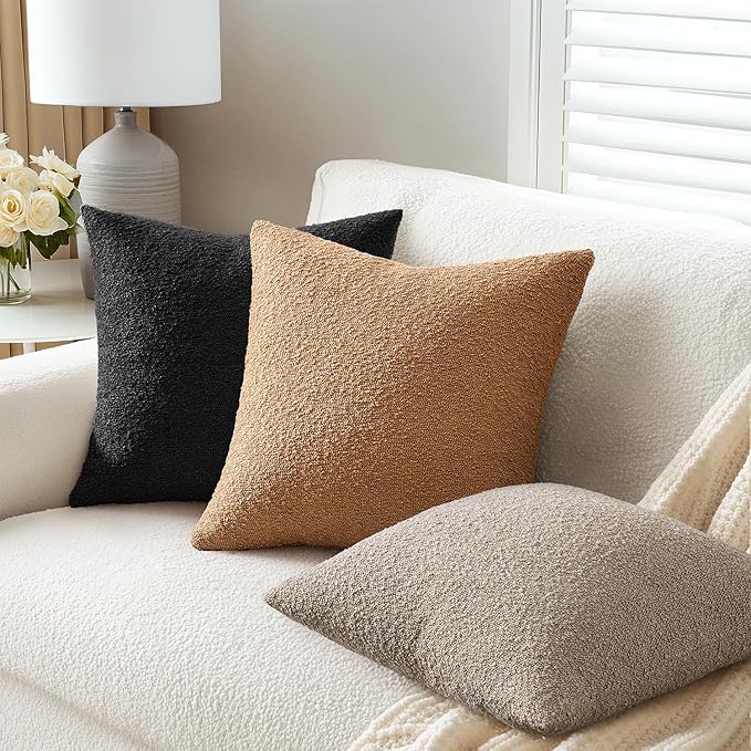 ANRODUO Pack of 2 Textured Boucle Throw Pillow Covers Soft Black Decorative Accent Solid Pillow Cases Cozy Modern Couch Cushion Case for Chair Sofa Bedroom Living Room Home Decor, 18 x 18 Inch