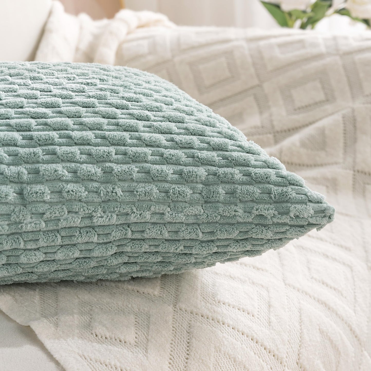 Cozoomy Set of 4 Aqua Decorative Throw Pillow Covers 20x20 Inch Corduroy Pillow Covers for Bed Couch Sofa Living Room Soft Square Cushion Cases