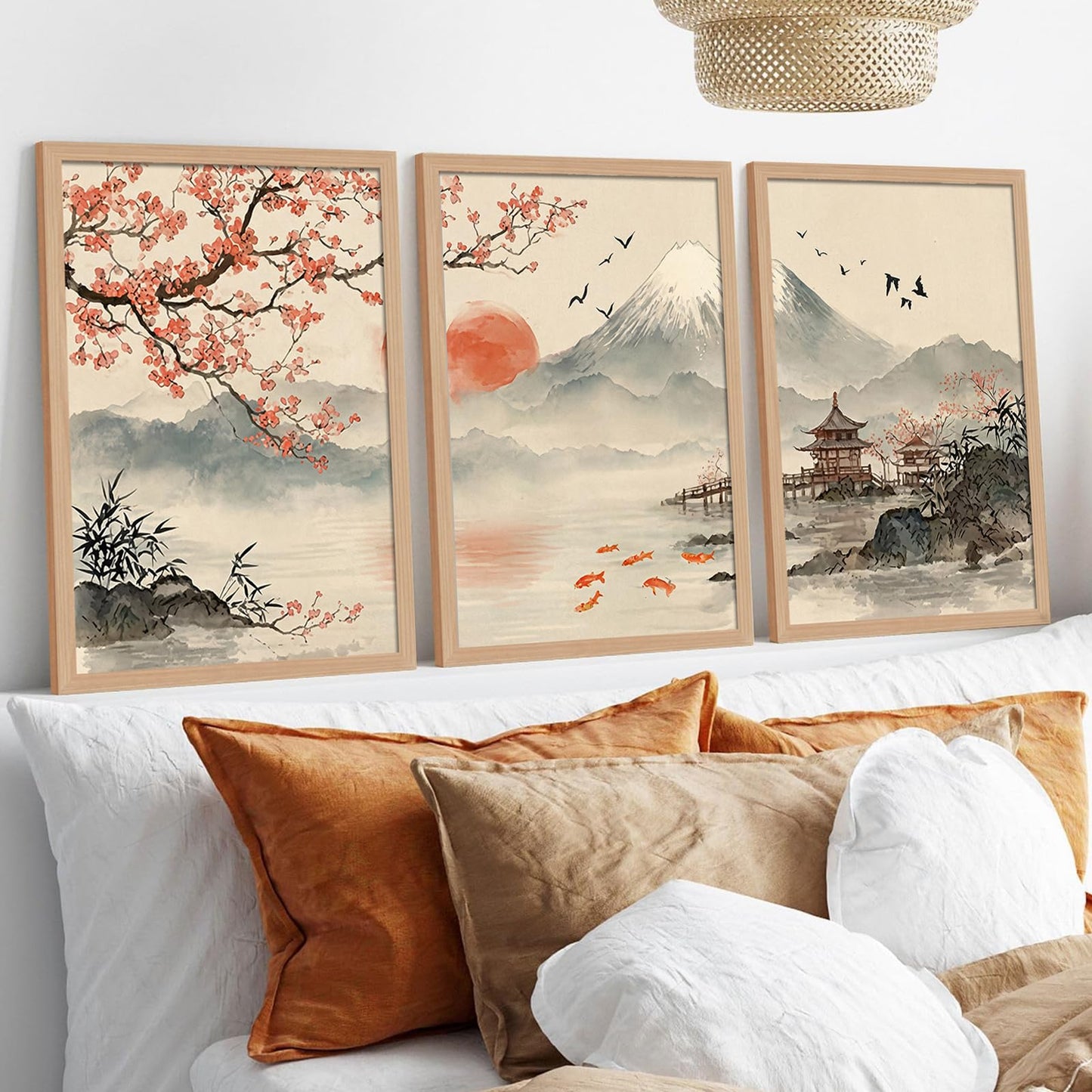 soonkiss Japanese Wall Art Set of 3 with Wooden Frame, Ready to Hang Sakura Cherry Blossom Mountain Sun Landscape Painting Prints for Living Room Bedroom Office 12x16 Inches